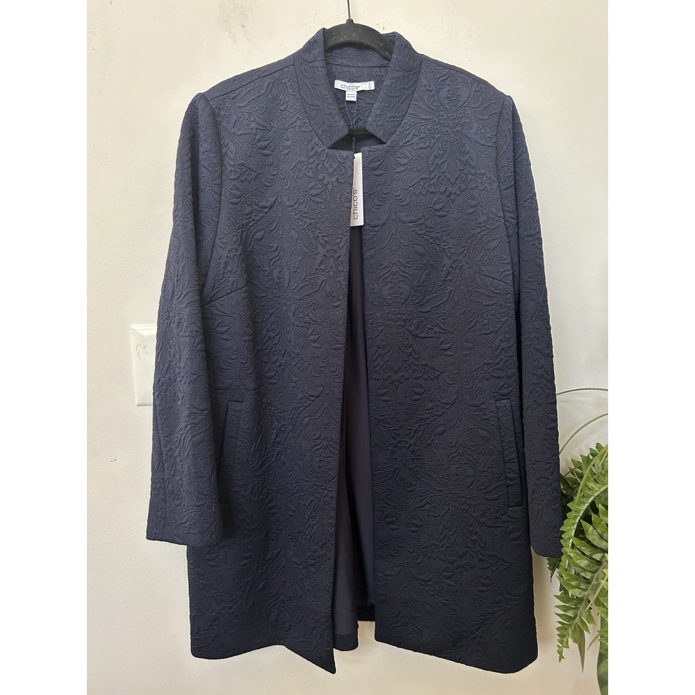 NWT Chico's Navy Blue Floral Jacquard Topper Jacket XL Quiet Luxury Elegant Knit